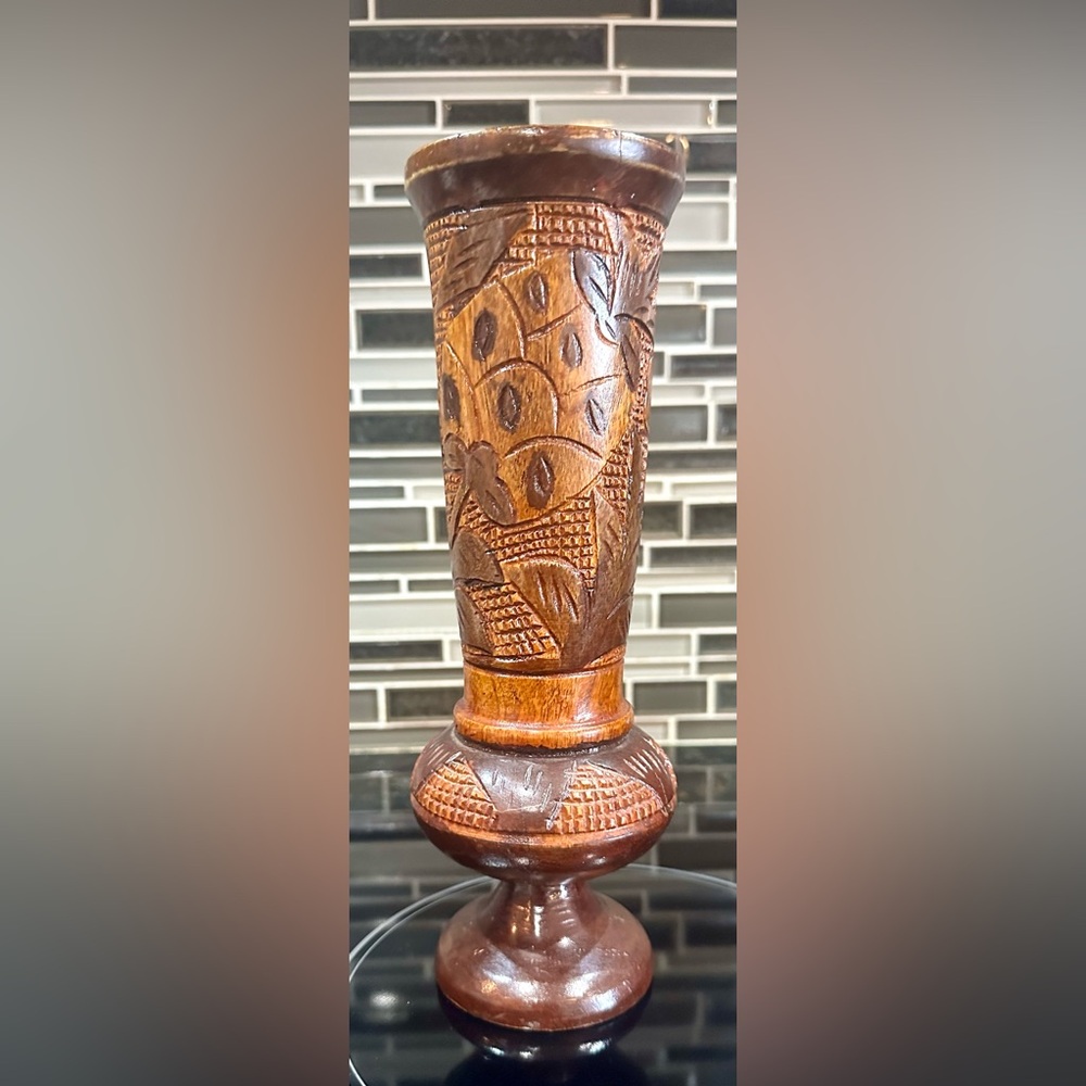 Vintage Hand Carved Wooden BOHO Pineapple Floral Pedestal Vase